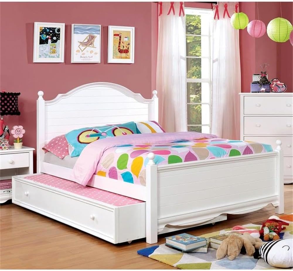 BOWERY HILL Transitional Solid Wood Trundle, White Finish, MDF/Wood Veneer, 75 in x 41 in x 11 in, Spacious Slide-Out Drawer with Knobs, Fits Under Twin Bed, Kids Bedroom Storage Solution
