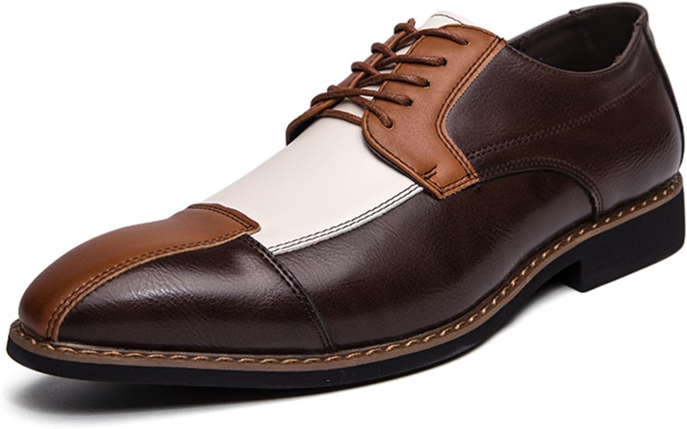 Men’s Leather Stitching Chunky Heel Oxford Shoes Retro Pointed Toe Anti-Slider Heel Lace-Up Formal Shoes for Work, Business, Wedding