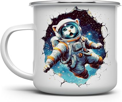 Loftipop Astronaut Space Cat Enamel Camp Mug, Animal Lover Camping Cup, Fun Sci Fi Cosmic Gifts 12oz