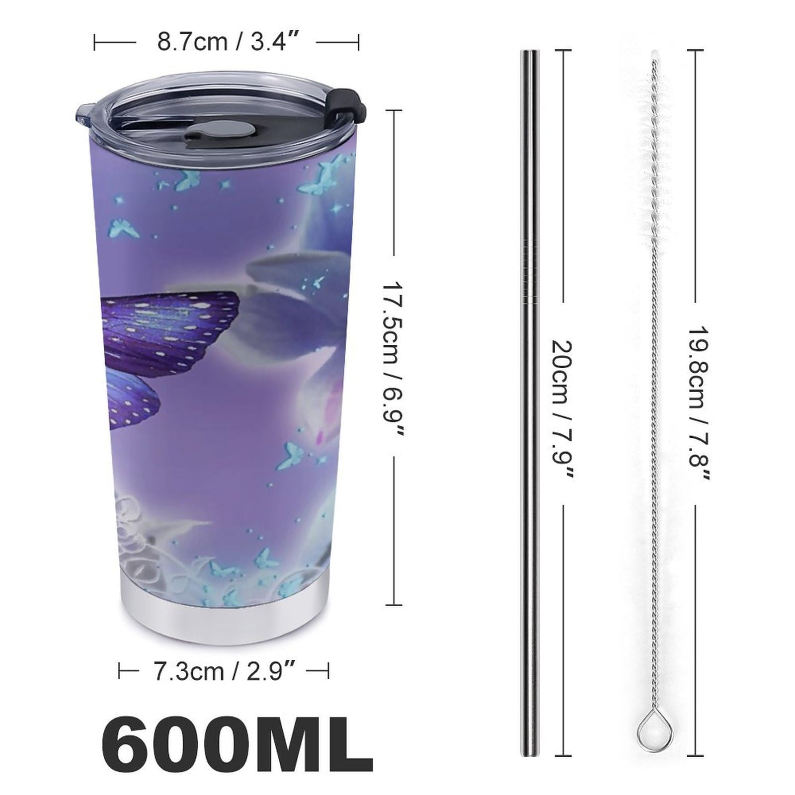 Amazon.co.jp: タンブラー ふた付き 600ml 紫の蝶 唯美的景観 花
