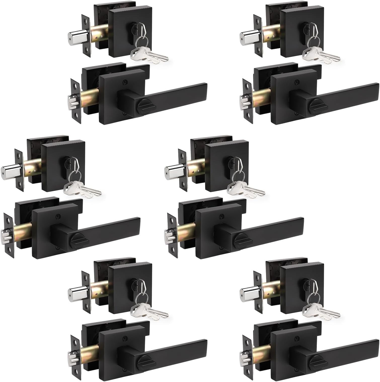 KNOBWELL 6 Pack Matte Black Exterior Keyed Entrance Handle Set with Double Keyed Squre Deadbolt and Door Lever, Heavy Duty All Keyed Alike Lockset