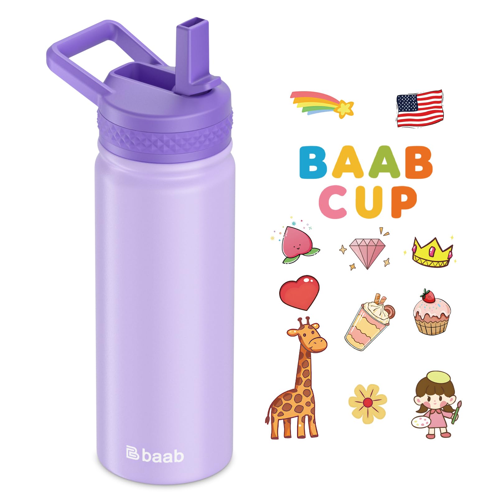 baab 18oz Kids Water Bottle, Insulated Water Bottle with Straw & Stickers, 18/8 Stainless Steel Vacuum Leakproof Kds Water Straw Cup for School,