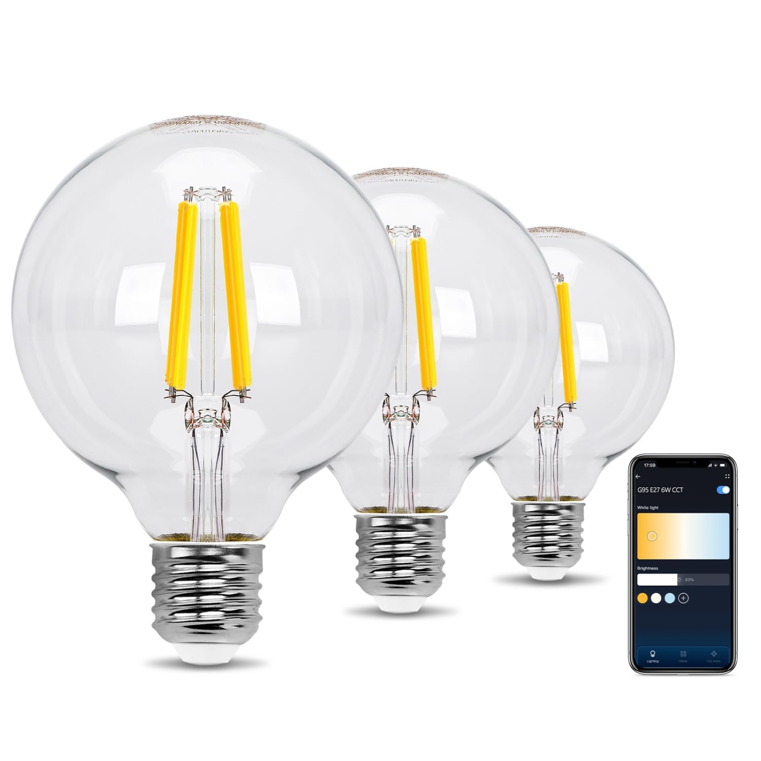 Aigostar Lampadina Vintage Smart, E27 LED 6W Transparente Lampadine Filamento a Globo G95, 850 LM Bianco Caldo Dimmerabile 2700K - 6500K, Compatibile con Alexa e Google Home, 2.4GHz WiFi, 3 Unità