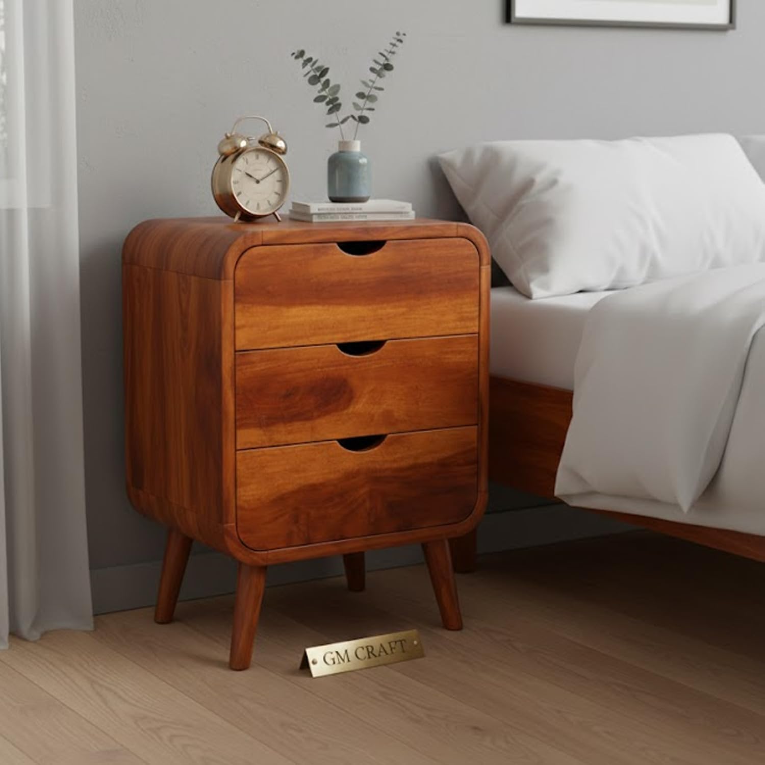 Sheesham Wood Bedside Table for Bedroom with 3 Drawer Storage - Wooden Bedside Table with Drawer Storage Nightstand End Table for Living Room Sofa Side Table (Design 15)-image-38