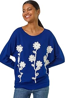 Roman Originals Floral Embroidery Knit Jumper for Women UK - Ladies Everyday Holiday Spring Summer Crew Neckline Comfy Soft Evening Vacation Work Party