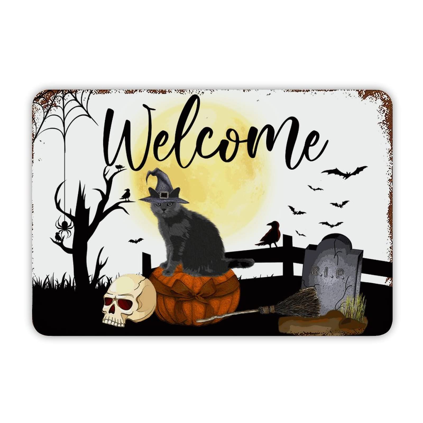 ENEDNATE Welcome Halloween Black Cat Bats R.I.P and Pumpkins Aluminum Tin Metal Sign for Indoor Outdoor Business Retail Store Patio Yard Home Decoration Easy to Mount Wall Art Print Poster 8x12 Inch