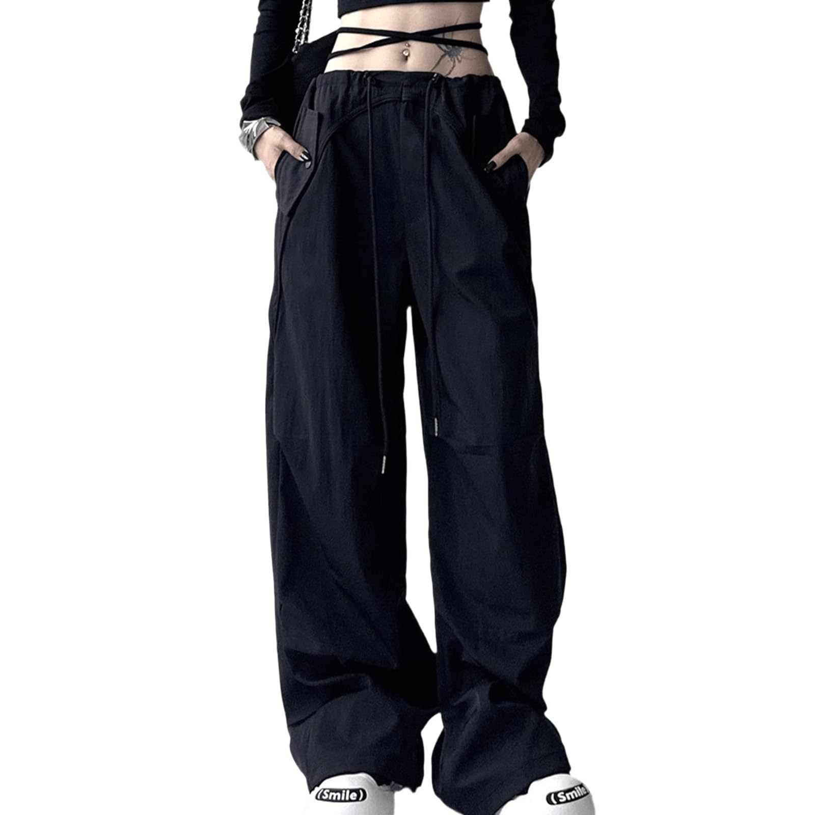 Womens Retro Casual Work Pants Fashionable Slimming Streetwear Elastic Wide Leg Hip-hop Drawstring Pants