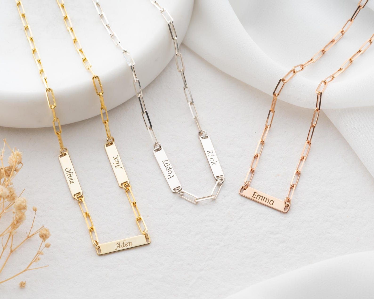Delicado oro cadena de eslabones, para mujeres Día de la Madre Idea nombre barra grabado joya