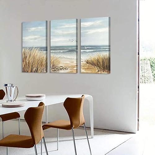 Miniatura 5 de Lienzo abstracto de playa para pared gramíneas de orilla del mar, pintura de paisaje marino para paredes (26 x 16 x 3 paneles)