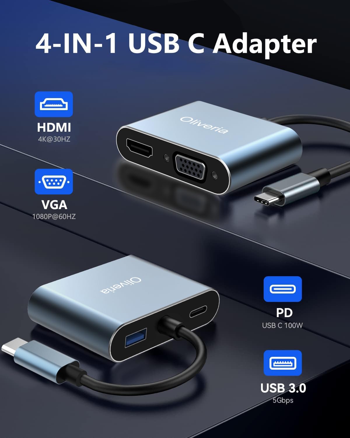 Oliveria Adaptateur multiport USB C 4 en 1 4K @ 30 Hz - HDMI VGA Thunderbolt 3, PD 100 W - Port USB 3.0 pour MacBook/MacBook Pro/Air, Chromebook, Dell, HDTV, Galaxy