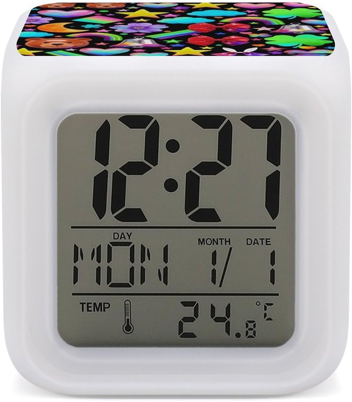 Colorful Element Pattern 7 Color Changing Night Light Alarm Clock Smart Digital LED Clock with Temperature, Date & Week Display - Easy to Use Wake-up Clock for Heavy Sleepers