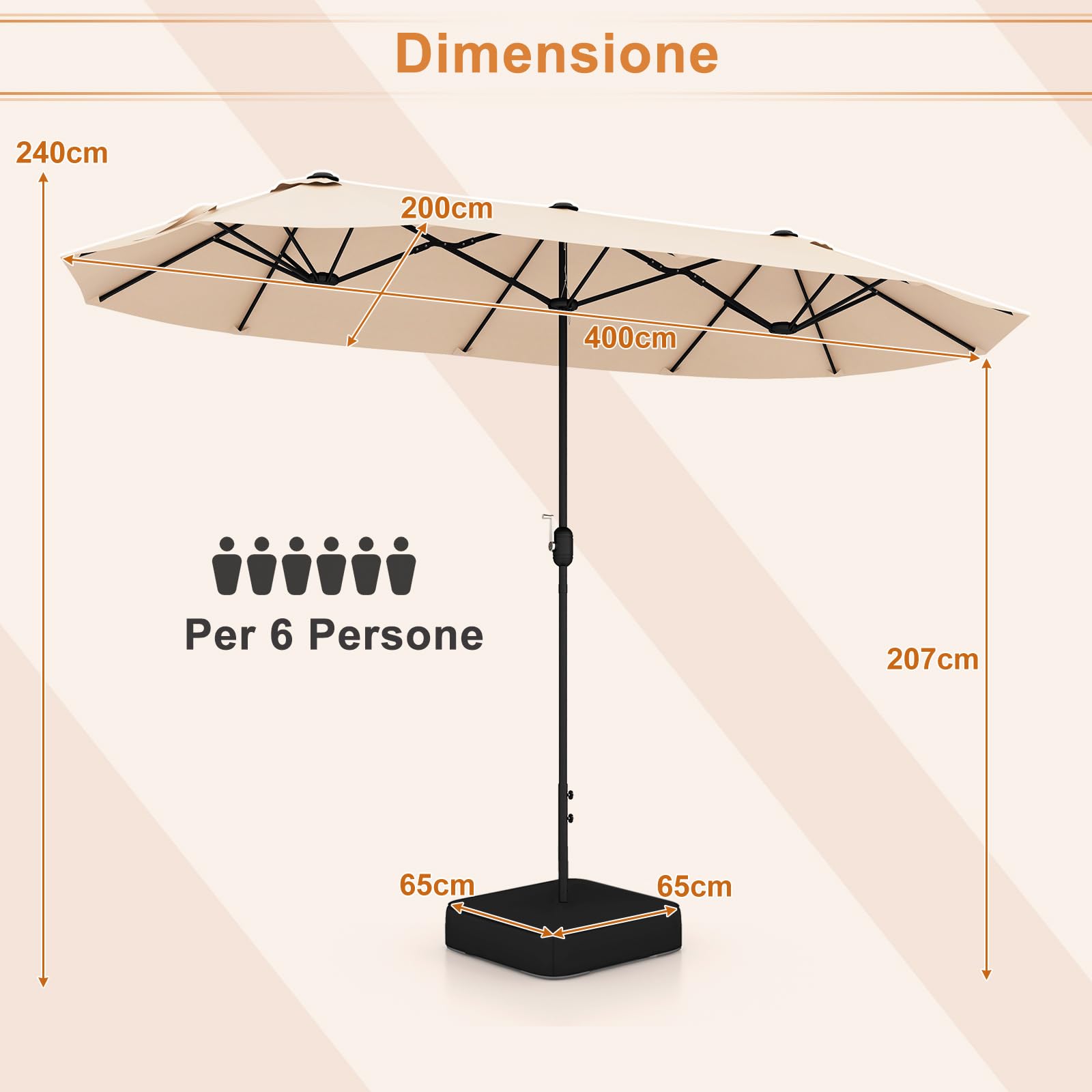 GYMAX Ombrellone Doppio da Giardino con Base, 4 x 2 m, con Manovella e Ventilazione, Ombrellone da Tavolo Extra Grande per Area Piscina, Terrazzo e Cortile