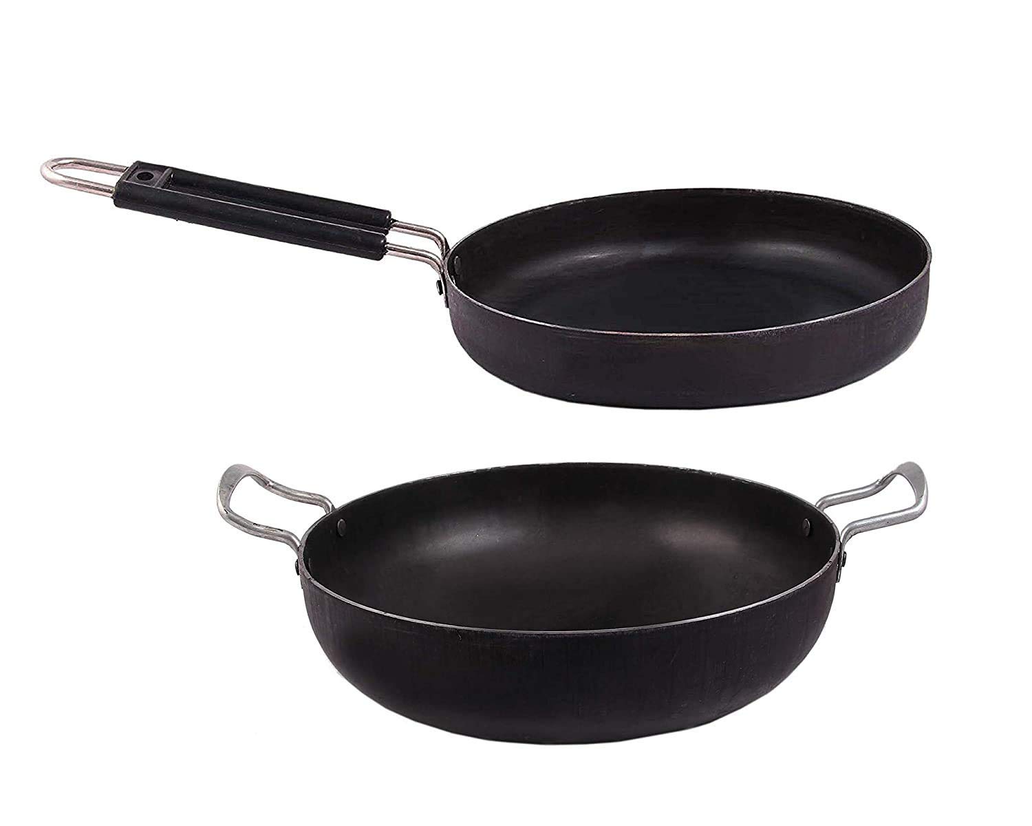 KITCHEN SHOPEEIron Cookware Set Kadai for Cooking Iron Fry Pan deep Kadhai Iron Heavy Base kadai 10 inch 8 inch Iron Fry pan with Steel Handle 4 Liters Capacity Induction Friendly Combo Multicolor
