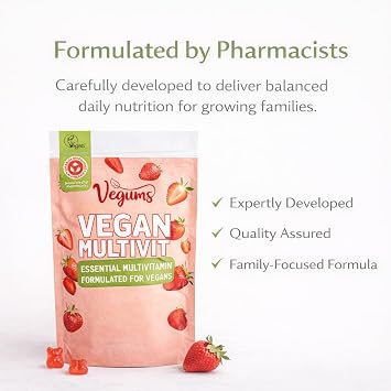 Vegums Multivitamin for Vegans – Natural Vegan Gummy Vitamins with B12, D3, Iodine & Selenium – Sugar-Free – Plastic-Free – 30 Gummies – Vegan Supplement for Adults & Kids