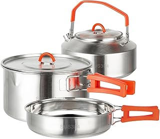 Stainless Camping Cookware Set with Folding Handles