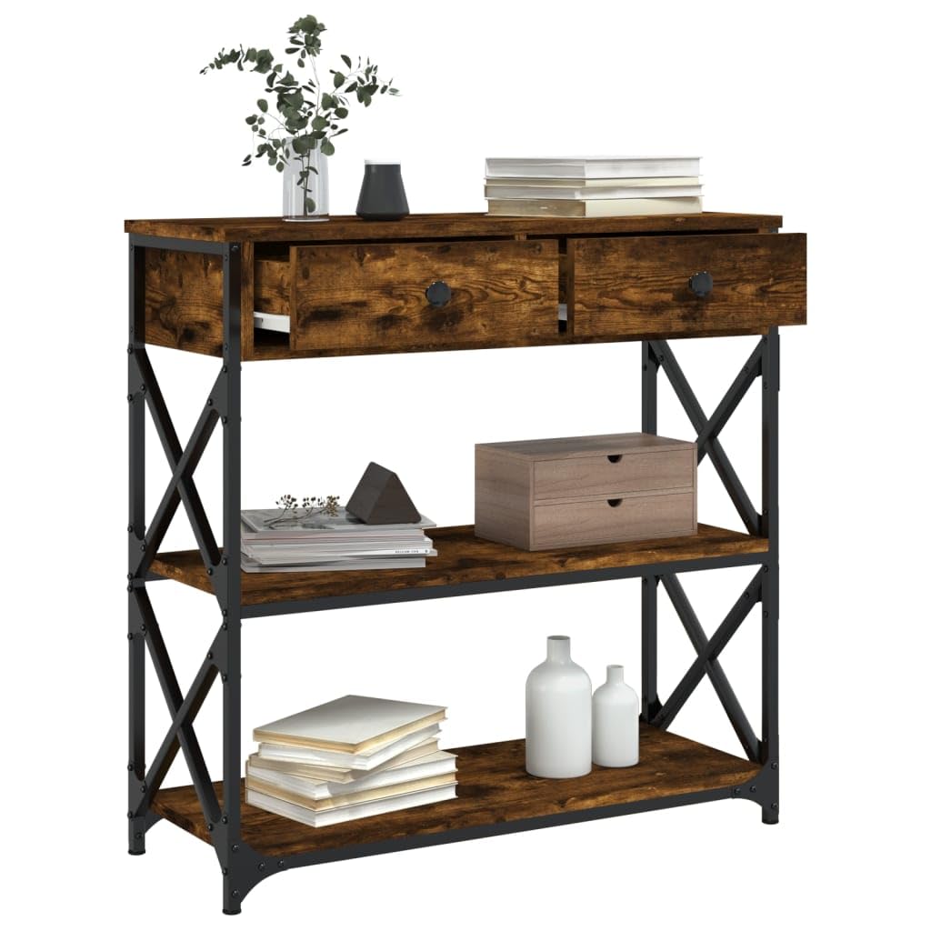 Stolik konsolowy, dąb wędzony, 75 x 28 x 75 cm, materiał drewnopochodny z metalową ramą, miejsce do przechowywania, do korytarza, salonu, biura, stabilne, regulowane nogi, oszczędność