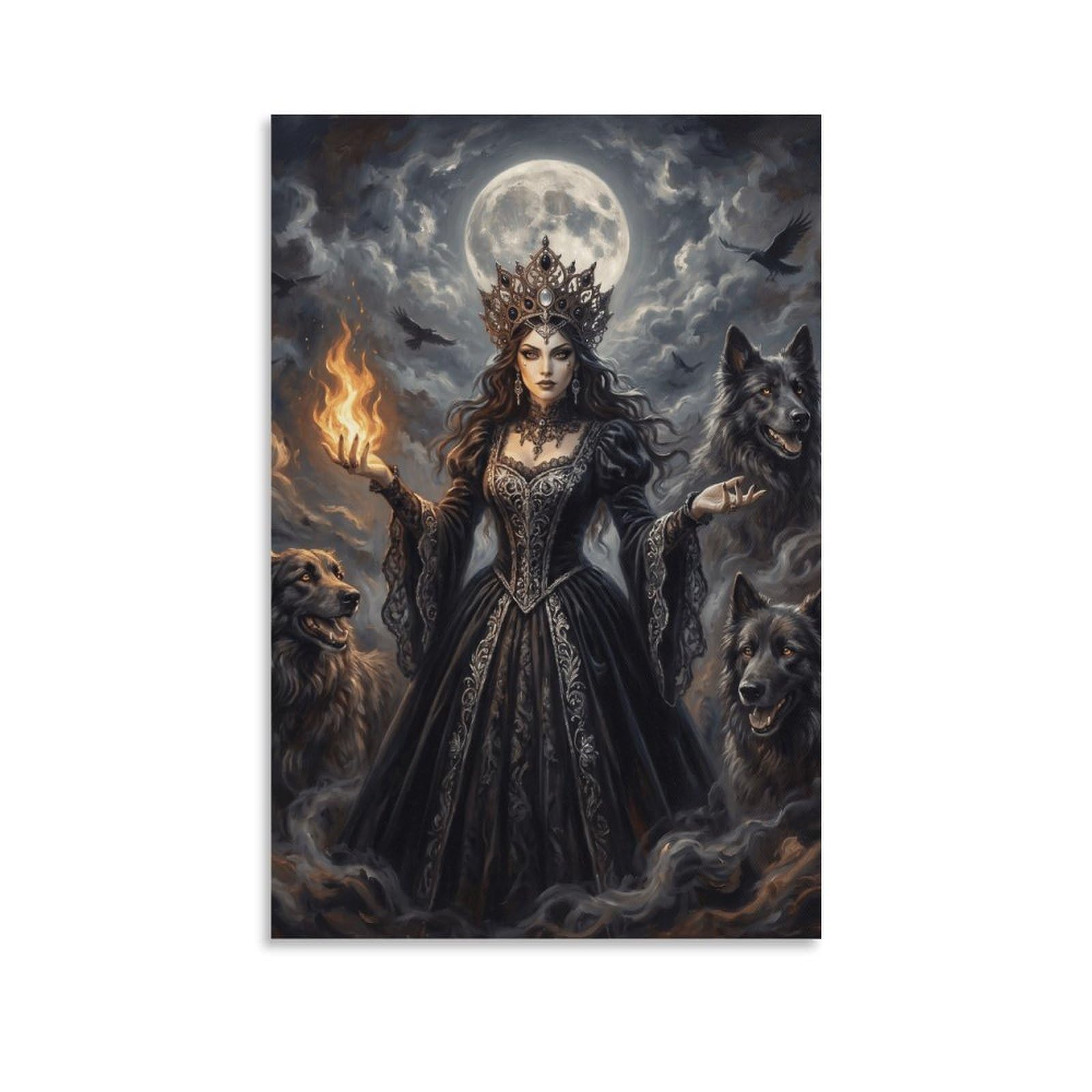 W7C8U2X3 Wolf Goddess Sacred Fire Canvas Wall Art, Woodland Animal Wall Art