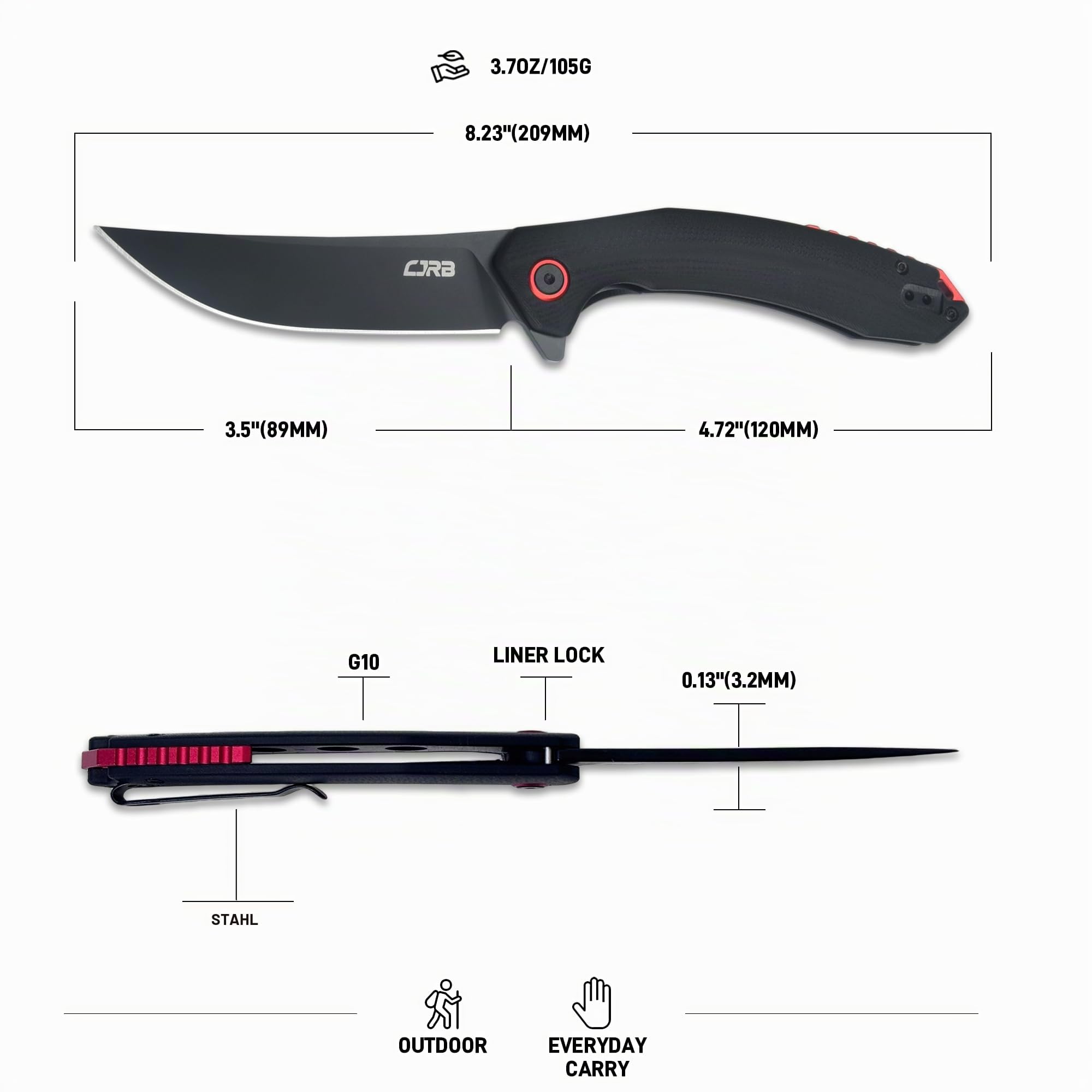 CJRB Gobi Klappmesser mit 8.9 cm AR-RPM9-Stahlklinge & G10-Griff, Taschenmesser mit Gürtelclip für Camping Überleben, Schwarz (J1906)