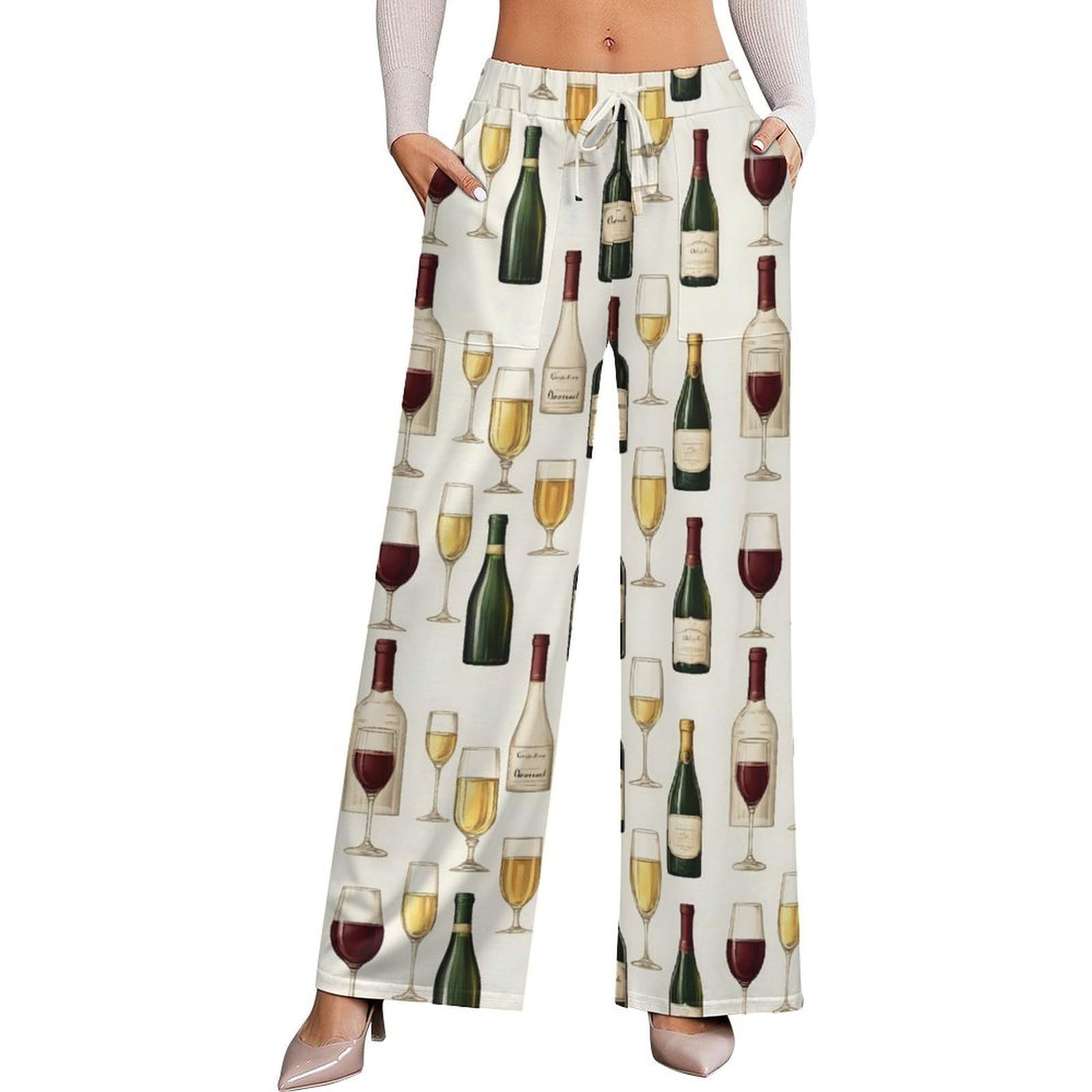 Red Wine Champagne Print Palazzo Pants for Women Wide Leg Flowy Pants for Women Travel Casual Vacation