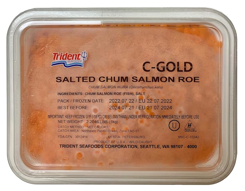 C-Gold Salted Chum Salmon Roe, Net Caught Alaskan Salmon Red Caviar, Trident Seafoods, Kosher & Halal Salmon Ikura (Oncorhynchus Keta), 1kg/2.2lb