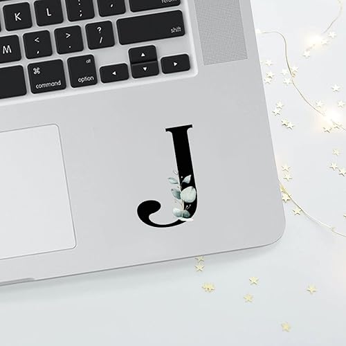 Calcomanía de vinilo con letra J negra del alfabeto con hoja de eucalipto, decoración inicial de apellido, calcomanía para automóvil, laptop,