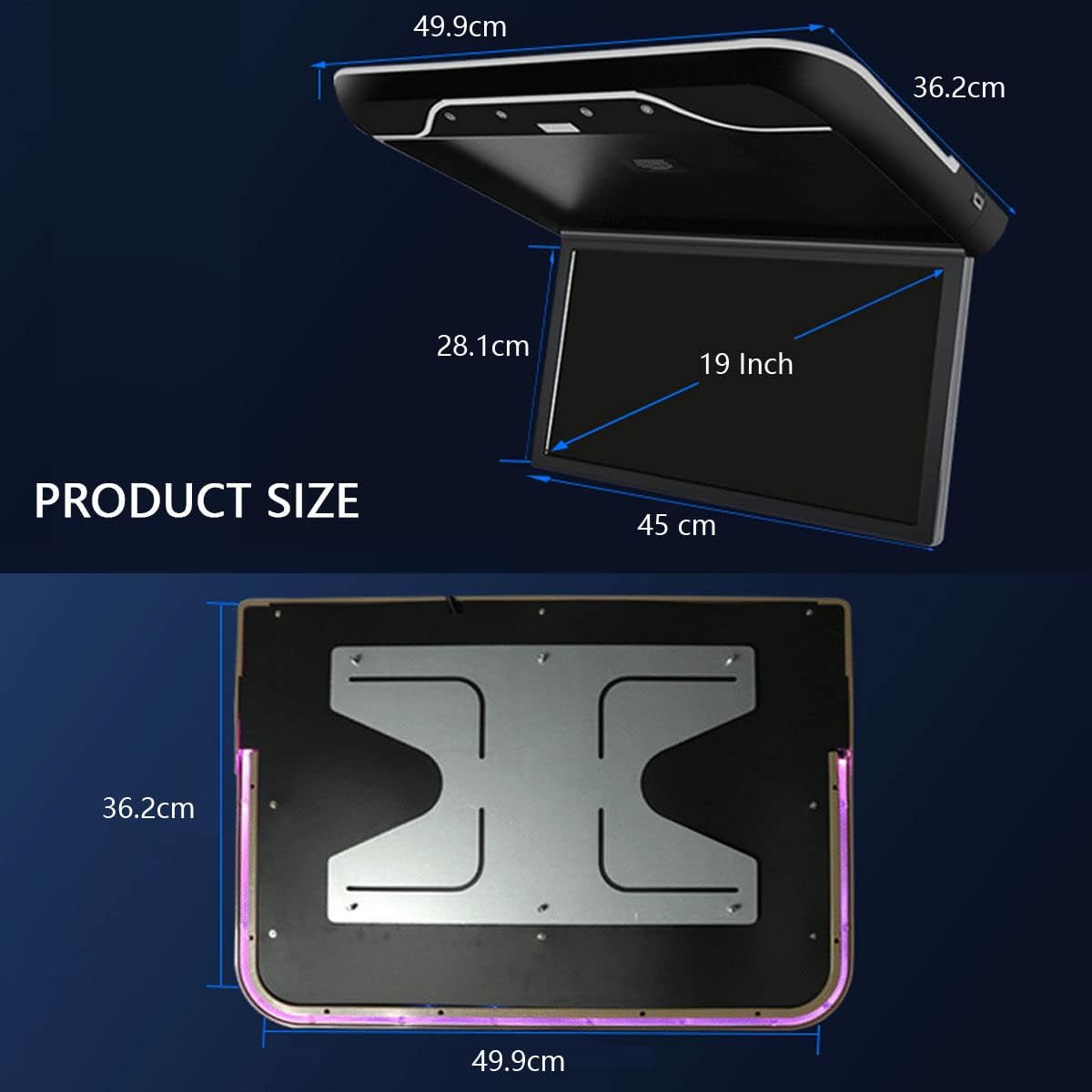 19" Car Overhead Player, 1080P Screen Car Roof Mounted Monitor, with 16 Colors Atmosphere Light, Flip Down Car Monitor Support HDMI, USB, IR,Grey