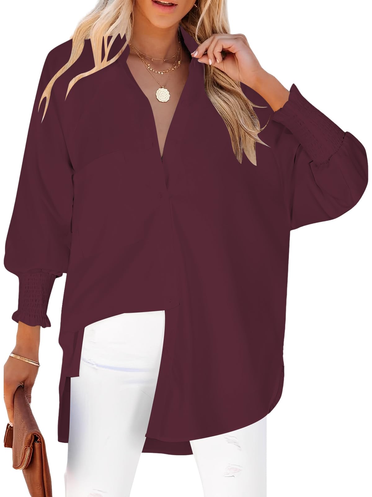 Cuptacc Bluse Damen Elegant V Ausschnitt Langarm Knöpfen Blusen Damen Gestreifte Brusttasche Oberteile