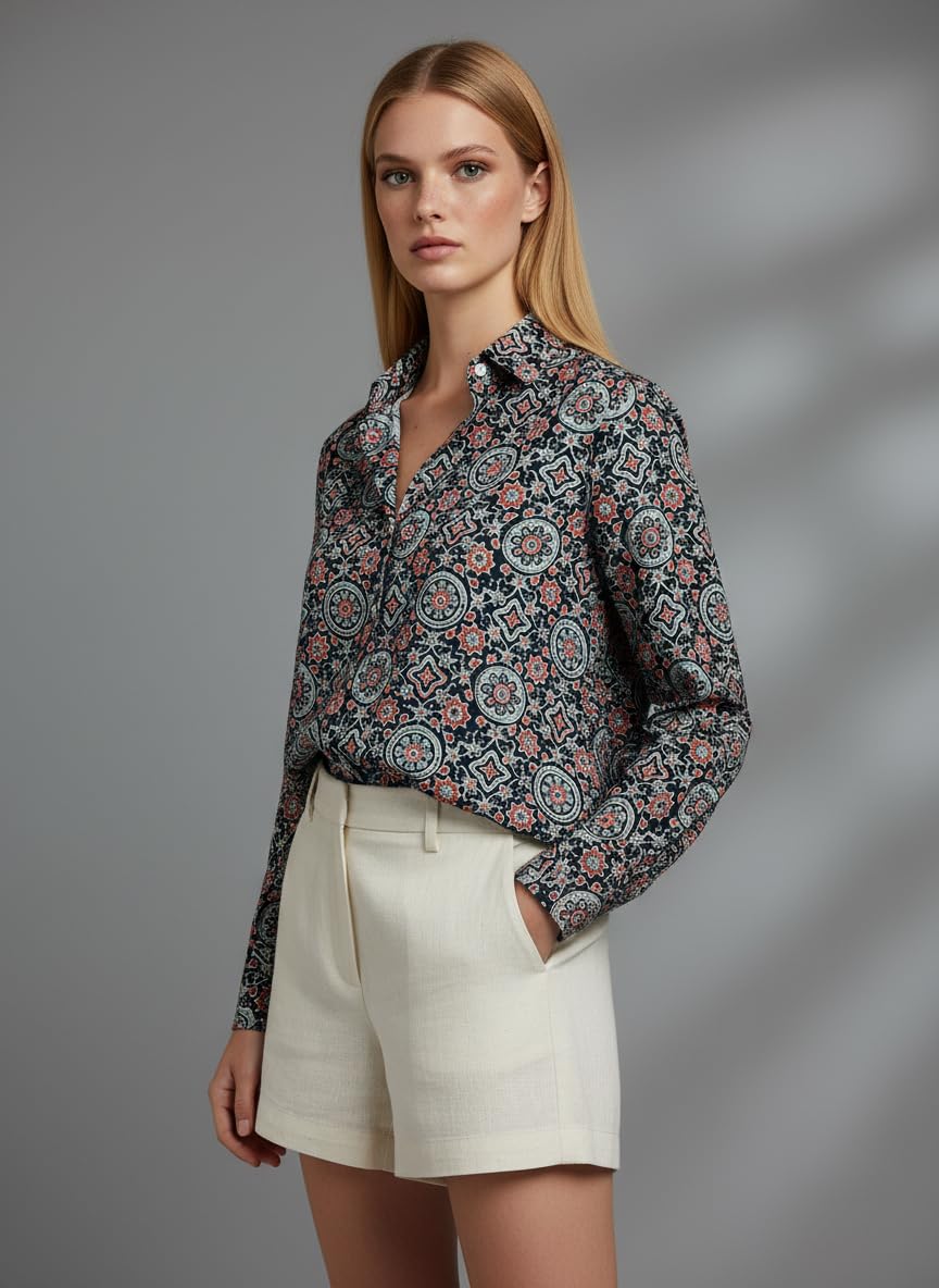 ANNI Designer Bedrucktes Damenhemd aus Baumwollmischgewebe, langärmelig, normale Passform, Hemdkragen, legere Bürokleidung, elegante Western-Kleidung für den Alltag, Hochzeit, Party