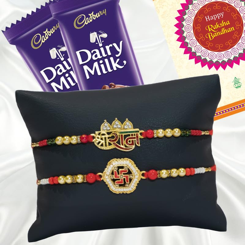 Image of Canton Rakhi Combo Gift Hamper Pack of 2 Rakhi For Brother With Chocolate, Rakhi With Cadbury Dairy Milk, Greeting Card & Roli Tilak (Design-14, 2 Rakhi With Cadbury)