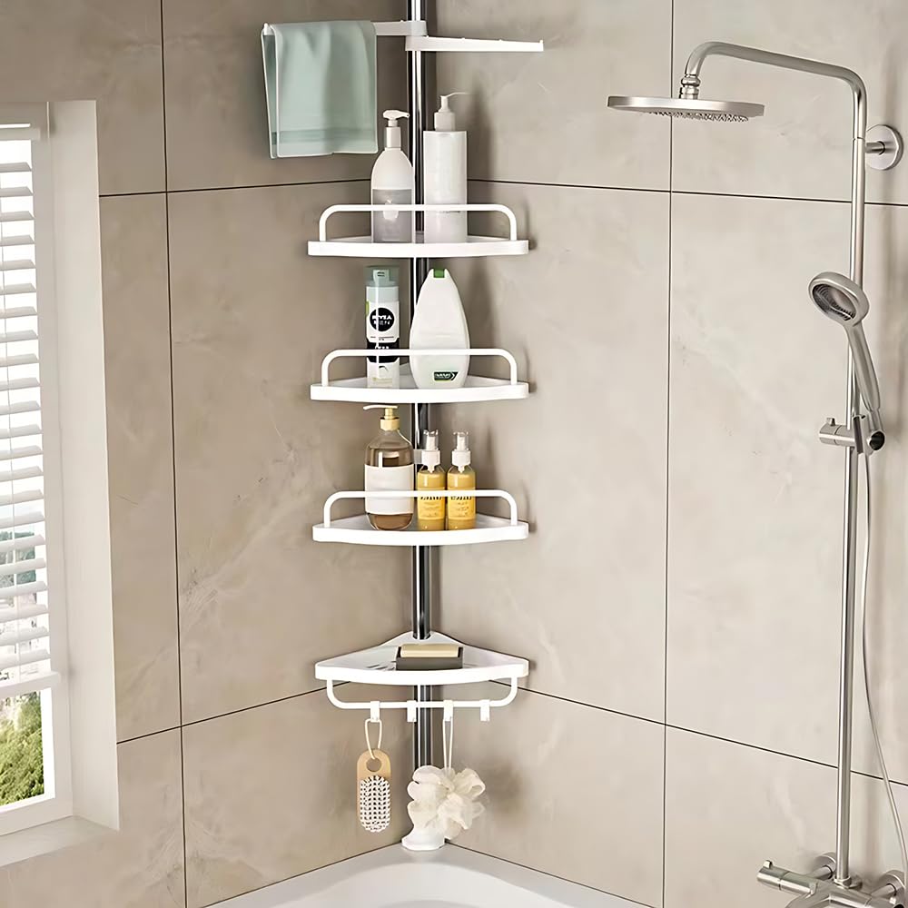 LANTUS Étagère de Douche Réglable en Hauteur, Étagère de Salle de Bain, Rangement Salle de Bain Télescopique, Hauteur Totale, en INOX, 4 Niveaux, 1 Porte-Serviettes (254-304 cm (Plastique) Blanc)