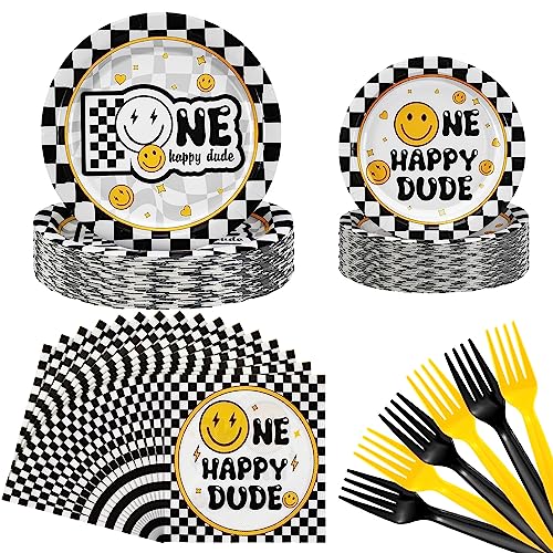 Umigy 96 Pcs One Happy Dude Birthday Party Decorations One Happy Dude Tableware Smile Face Party Supplies for 24 Guests Smile Plates Cups Napkins Forks for 1st Birthday