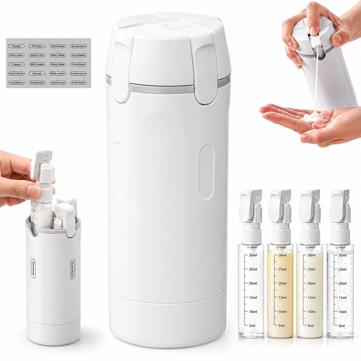 Cleanvo 4-In-1 Reise- & Gym-Spender, Cleanvo Duschsystem, Auslaufsicher Verschlossen, Tragbar, FüR Diverse Lotionen, Andere Pflegeprodukte Eignet (Weiß)