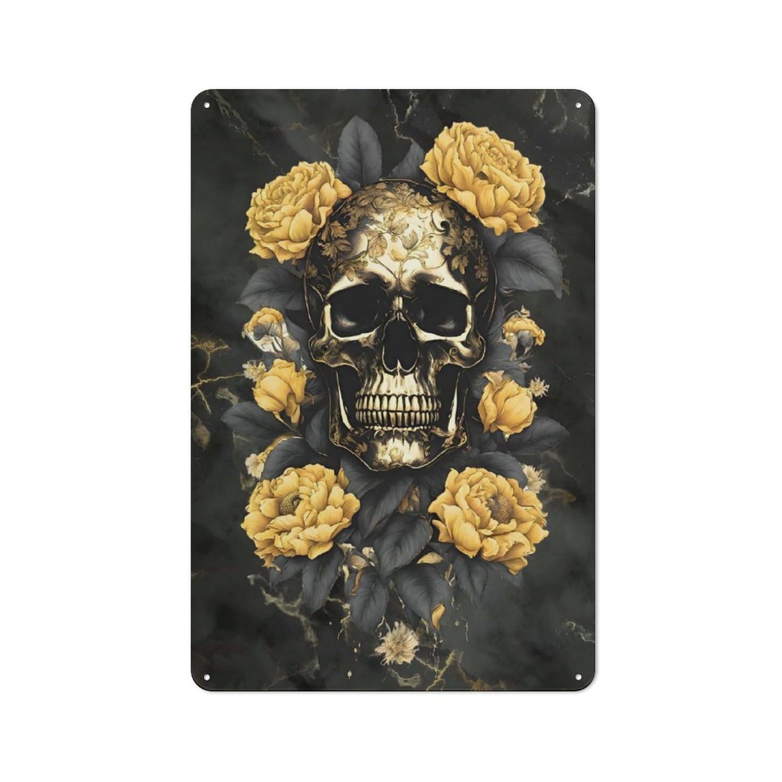Junmoney Black Gold Skull Flower Tin Sign 30X20cm With For Home Bar Wall, Vintage Decor, Wall Decoration For A Recently Updated Home Bar