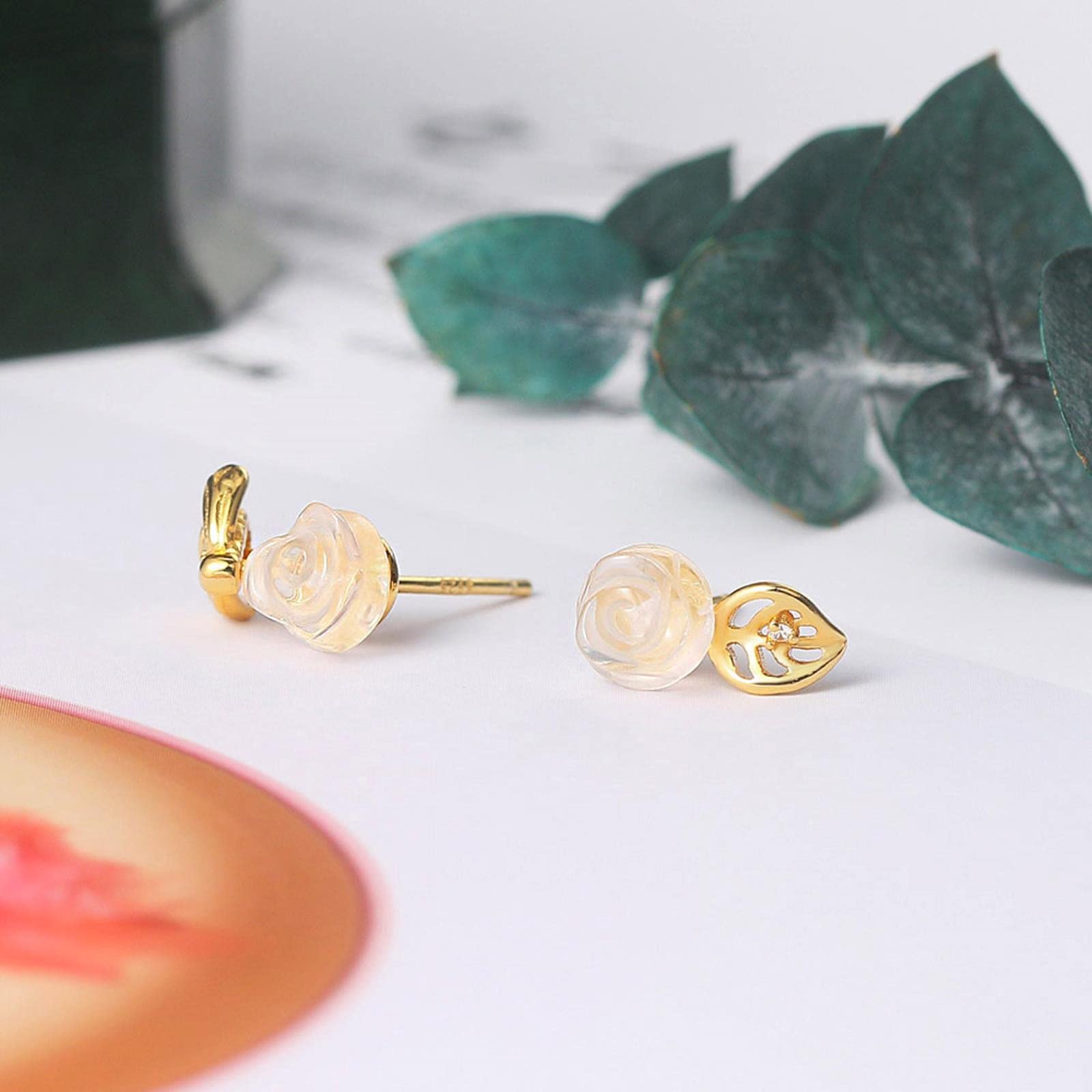 LOKILOKI Pendiente De Plata De Ley 925 para Mujer, Pendientes De Botón De Piedras Preciosas De Cuarzo Rosa Y Abeja Rosa, Joyería Fina Chapada En Oro