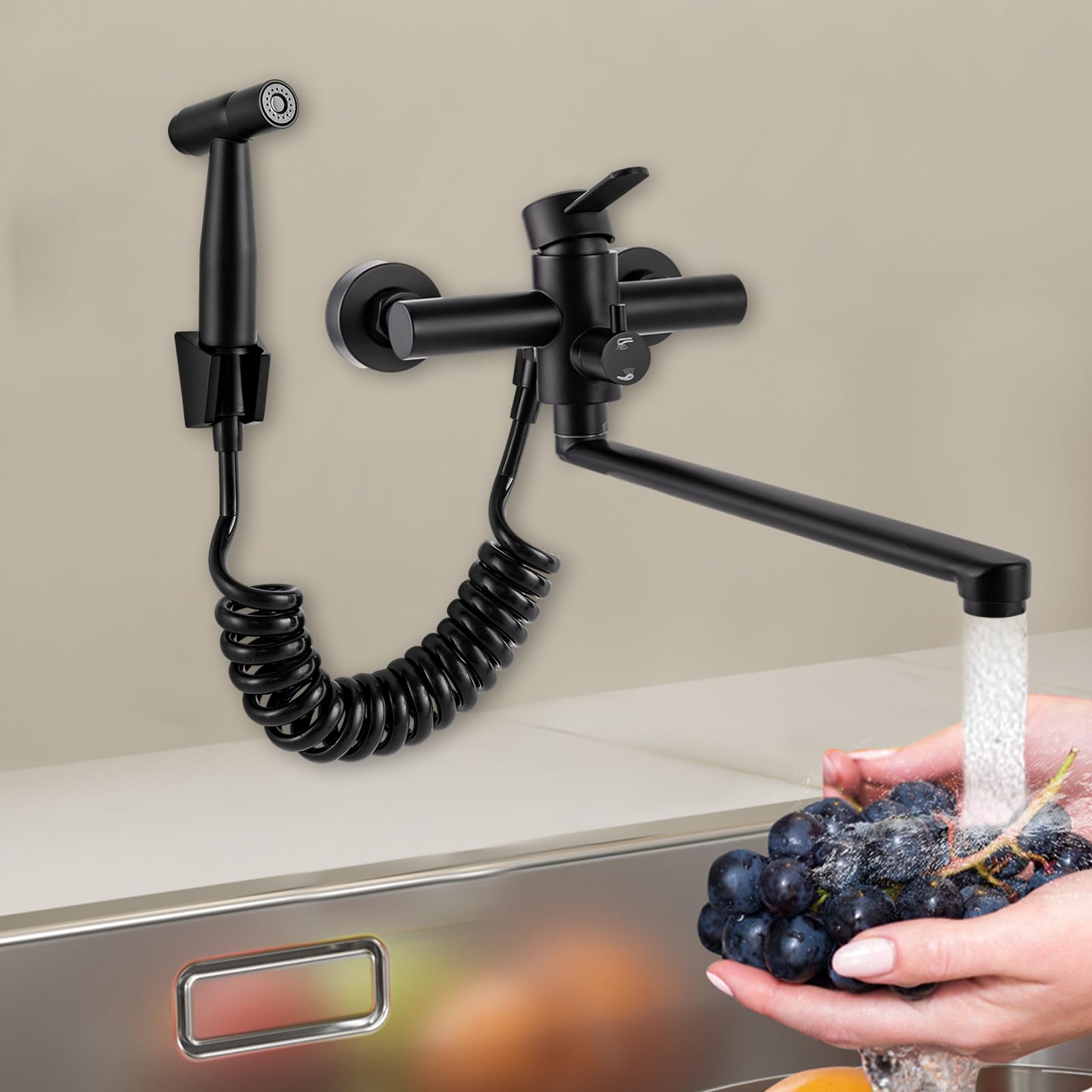 Grifo Monomando Pared con Pistola Pulverizadora para Cocina, Montaje en Pared, Acero Inoxidable Cepillado, Grifo Fregadero Giratorio 360°, Tubo Giratorio de 35 cm