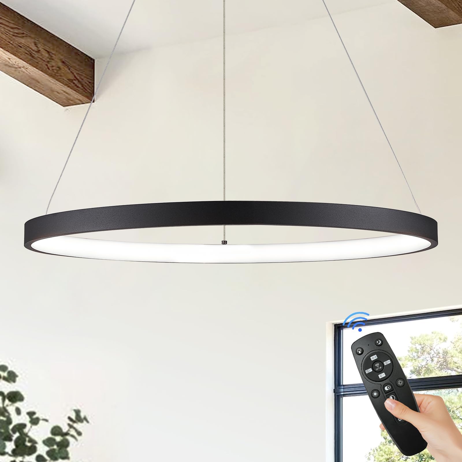 Photo 1 of AIRYPHANT Modern LED Pendant Light Black Ring Chandelier 24" Dimmable Flush Mount Pendant Chandelier for Dinning Room Office Kitchen Living Room,3000-6500K