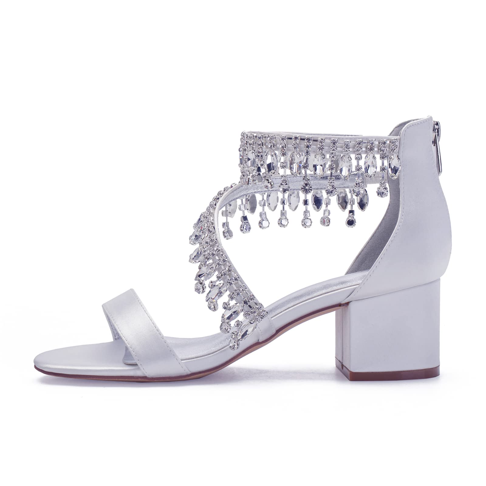 Sandali con Tacco a Punta Aperta con Decorazione in Cristallo da Donna Scarpe da Sposa con Tacco Grosso Basso con Cerniera,Burgundy,41 EU