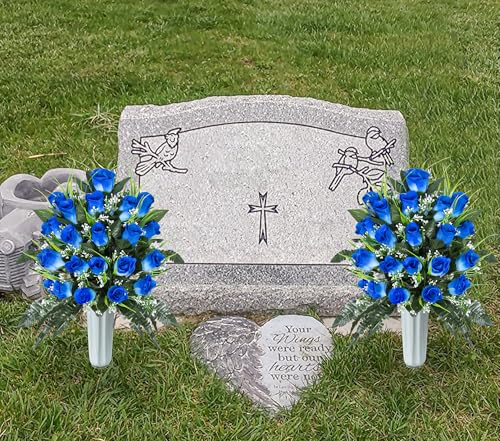 Artificial Cemetery Flowers, Grave Decorations Roses, Memorial Flowers Bouquet with Cemetery Vase, 2 Sets (Pure Blue) image 8