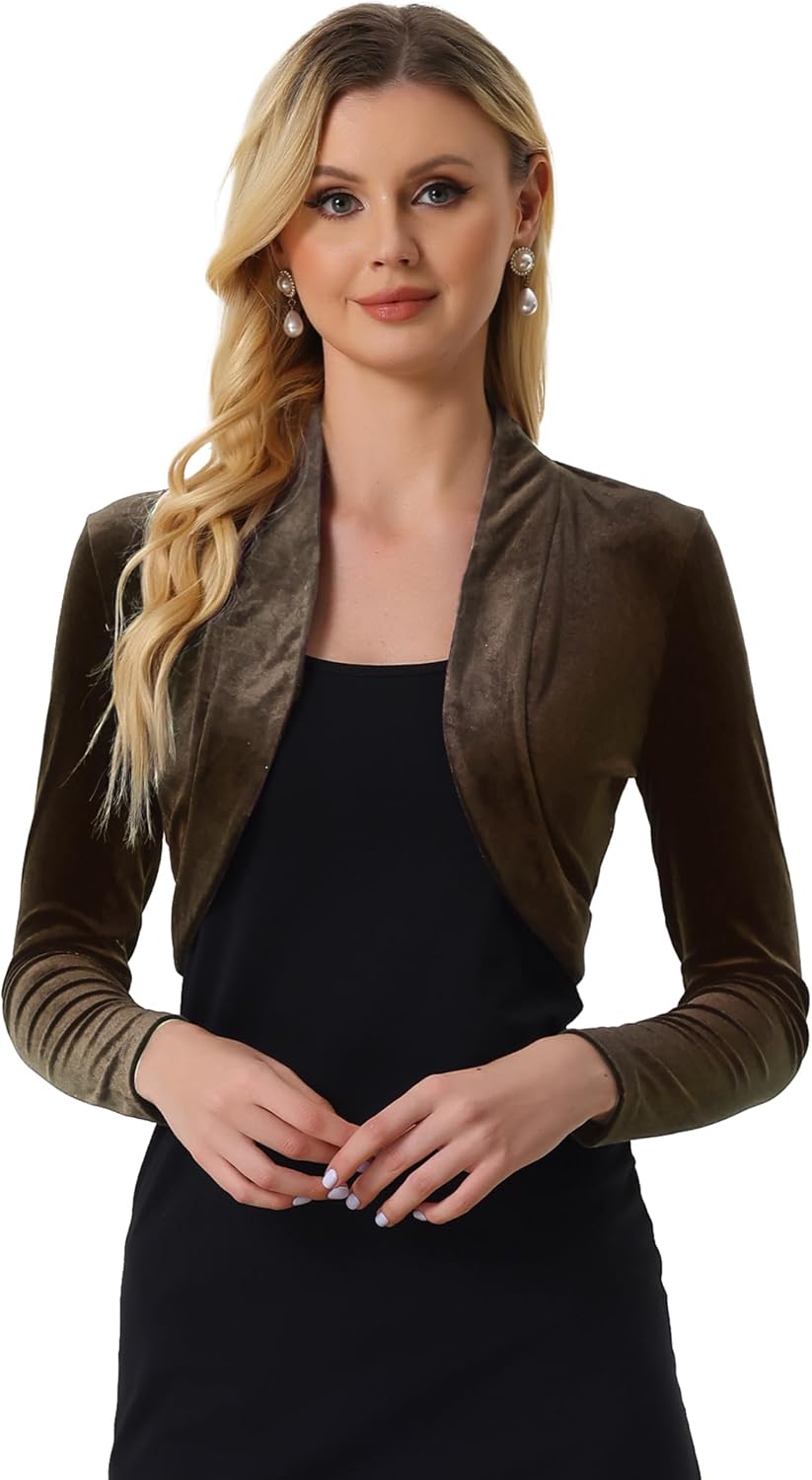 Allegra K Women's Long Sleeve Velvet Shrug Cocktail Party Open Front Cropped Bolero Cardigan Top