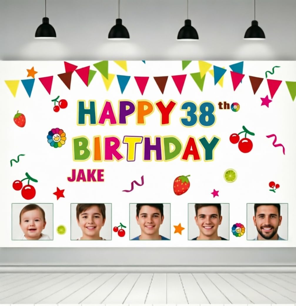 Custom Happy Birthday Banner, Personalized Birthday Banner, Happy Birthday Background Customize for Men Women Kids with Picture/Name/Age Decorations Indoor Outdoor (Style 1)