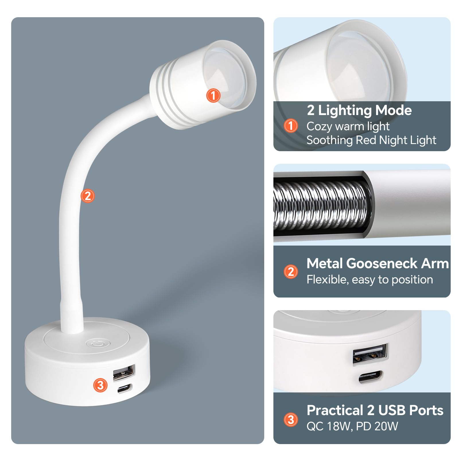 2 x Lampade da Lettura Camper LED 12V, 3200K (Dimmabile) e Luce Notturna Rossa Soffusa, Dotato di Caricabatterie USB-A e USB-C, per Barca Furgone Cabina, Flessibile Collo di Cigno (Bianco)