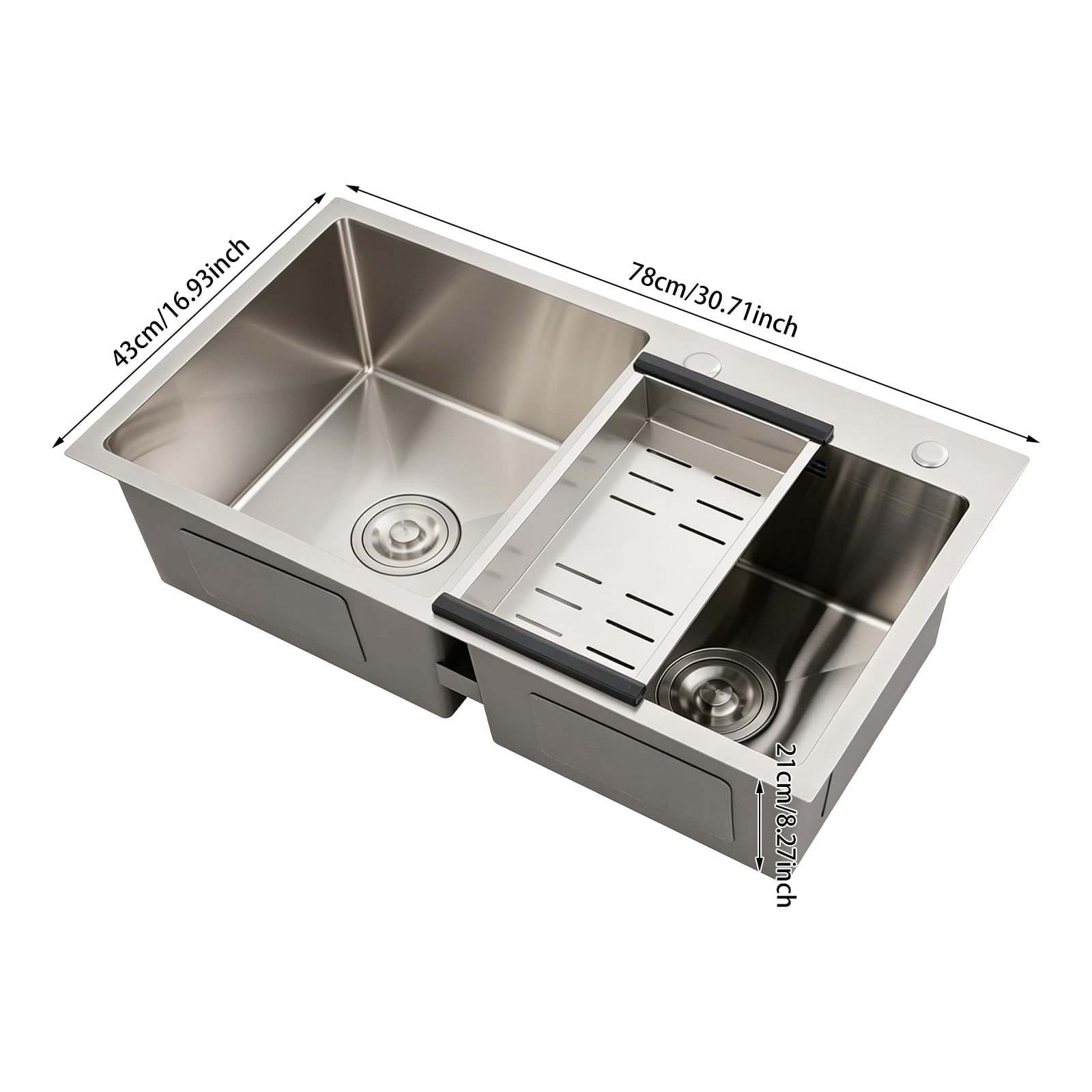 Doppio lavello 201, lavello da cucina in acciaio inox, lavello da incasso, 78 x 43 x 21 cm, rettangolare, con cestello sgocciolatoio, filtro per rifiuti, dispositivo di scarico, lavello da cucina a 2