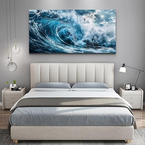 Miniatura 9 de ERQINHUA Lienzo grande de ondas azules para pared, arte de pared para sala de estar, decoración de pared para dormitorio, imágenes de inspiración