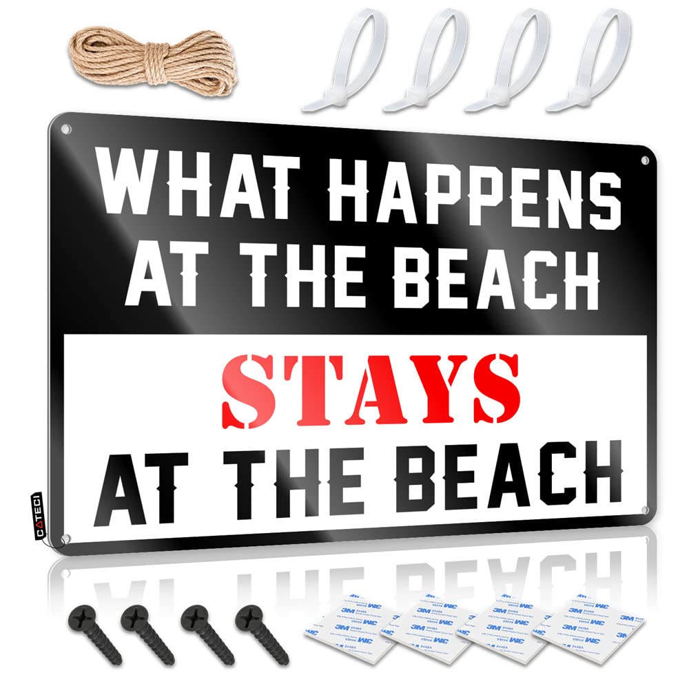 HELIOFORGE Metal Signs Decor What Happens At The Beach Stays At The Sign Beer Signs For Bar Room Door Decor(30X40CM)