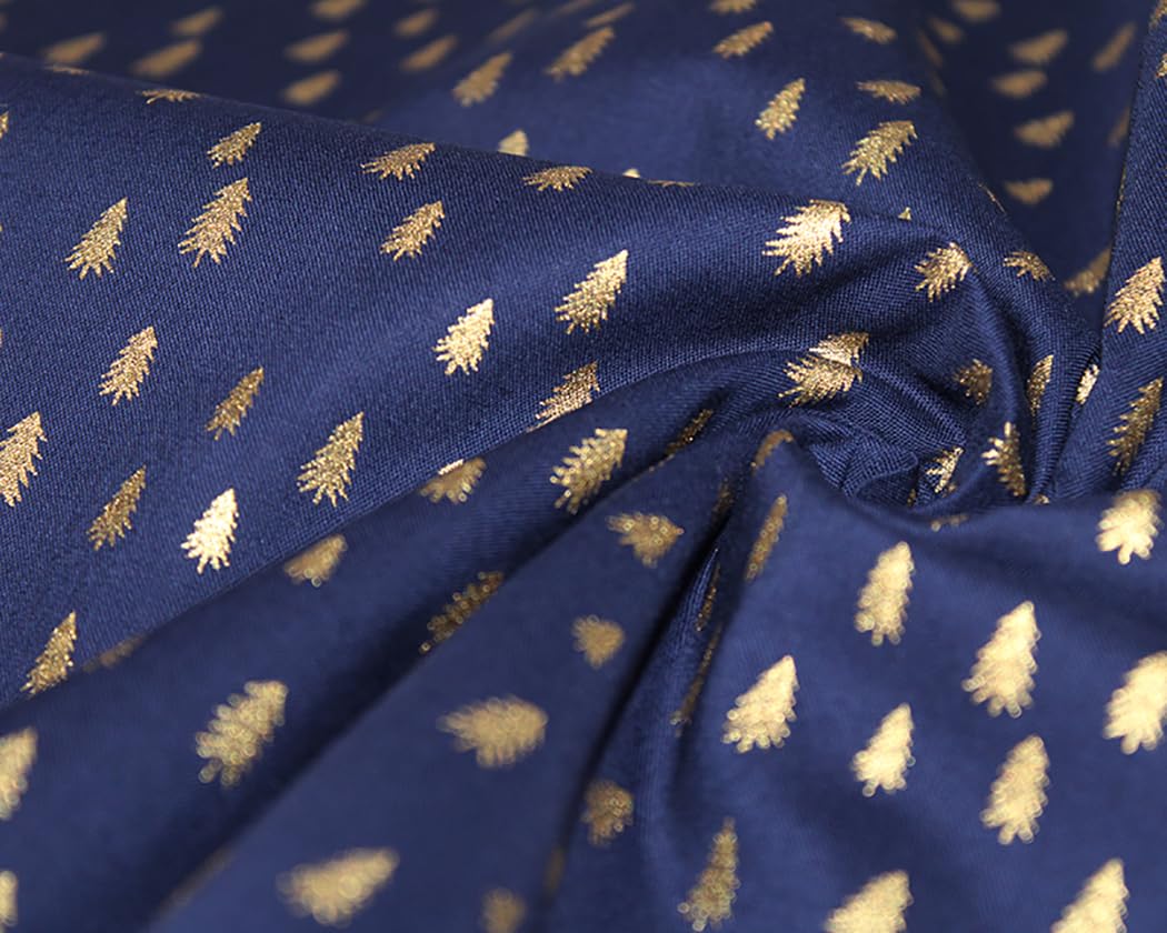 Glamour Secrets Navy/Gold Christmas Fabric - Metallic Trees On Blue - Xmas Craft Fabric Material Metre