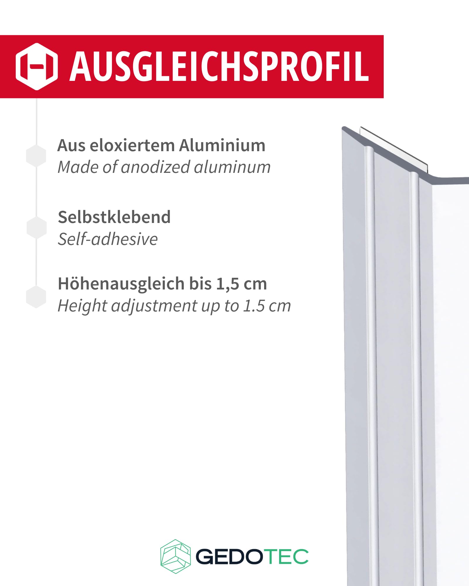 Gedotec perfil de transición compensación de altura plata 2000 mm aluminio I Longitud 2 m - acortable Anchura 41 mm I Fabricado en Alemania I Listón final aluminio anodizado, listones autoadhesivos