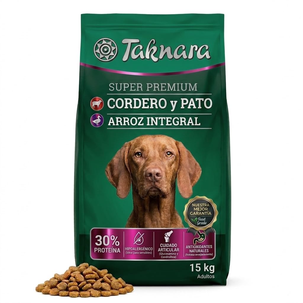 Taknara Pienso Alimento Súper Premium para Perros Adultos de Razas Medianas y Grandes – Cordero y Pato con Arroz Integral, Hipoalergénico, Cuidado Articular y Digestión Óptima, Saco 15 kg