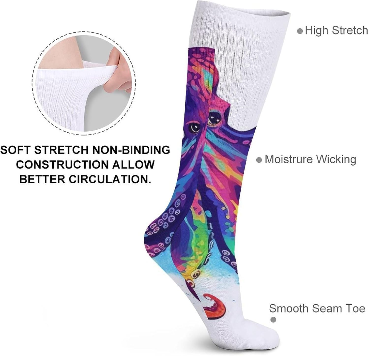Breathable Crew Sock, Moisture Wicking, Athletic Calf Socks, Cozy | Colorful Octopus Compression Socks for Women Men, Lightweight High Work Socks for Business, Casual