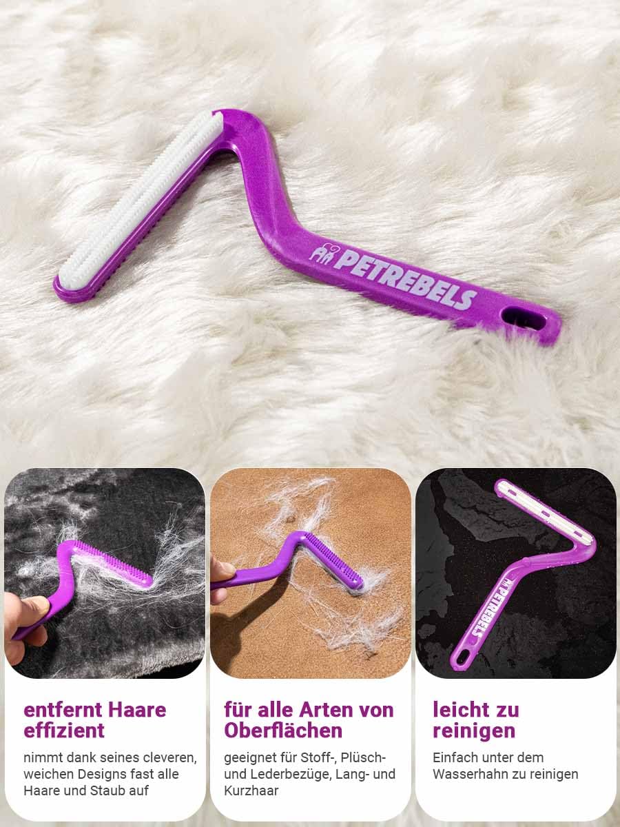 Petrebels Épilateur pour poils de chat, brosse double face pour canapé, arbre à chat et meubles, brosse à peluches avec poignée en ABS, pour tissus, tapis et tissus d'ameublement, Lucky 7 violet