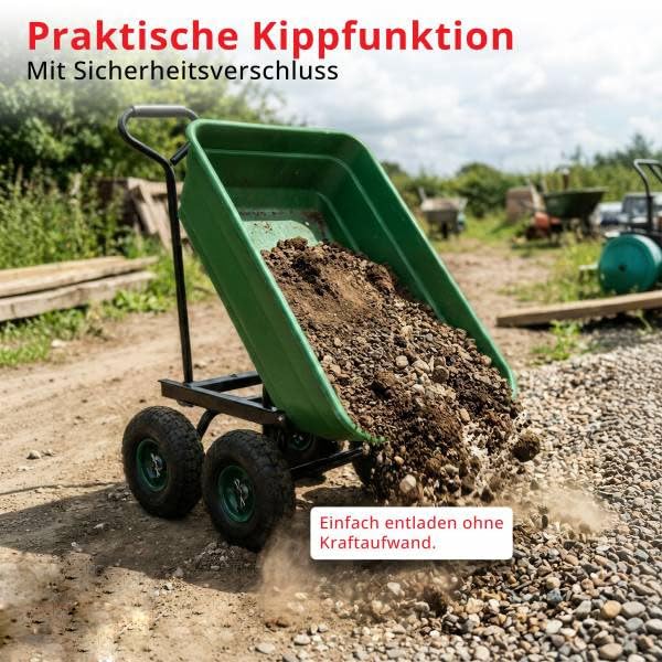 Gartenwagen mit Kippfunktion 300 kg, Transportwagen mit Luftreifen und Lenkachse, robuste Gartenkarre als Schubkarren Alternative, Kippwagen Lastenwagen für Gartenarbeit, Holz, Erde, Laub und Kompost